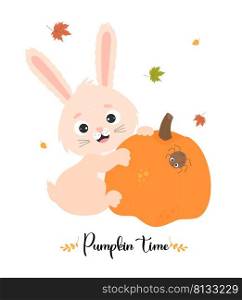 Autumn card with Cute rabbit with pumpkin, spider and autumn leaves. Vector illustration with funny bunny character. Autumn poster - Pumpkin time. For design, print, postcards, flyers, booklet, print