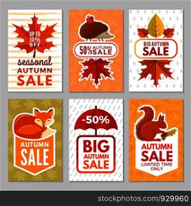 Autumn cards. Hedgehog, fox, squirrel and autumn leaves with umbrella from rain. Vector autumn symbols of cards for big sales. Discount autumn, sale card, price offer promotion illustration. Autumn cards. Hedgehog, fox, squirrel and autumn leaves with umbrella from rain. Vector autumn symbols of cards for big sales