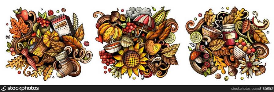 Autumn cartoon vector doodle designs set. Colorful detailed compositions with lot of fall season objects and symbols. Isolated on white illustrations. Seasonal banner. Autumn cartoon vector doodle designs set