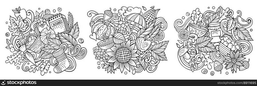 Autumn cartoon vector doodle designs set. Sketchy detailed compositions with lot of fall season objects and symbols. Isolated on white illustrations. Seasonal banner. Autumn cartoon vector doodle designs set