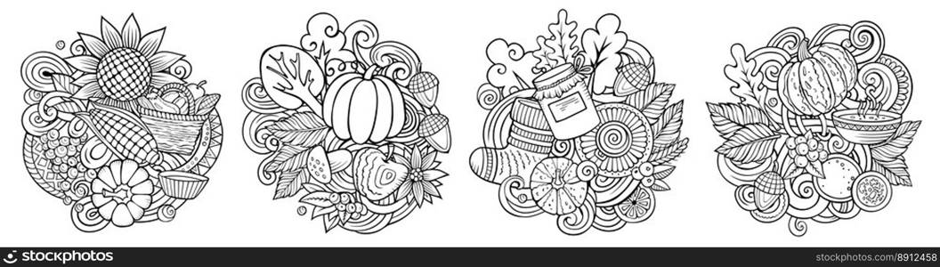 Autumn cartoon vector doodle designs set. Sketchy detailed compositions with lot of fall season objects and symbols. Isolated on white illustrations. Seasonal banner. Autumn cartoon vector doodle designs set