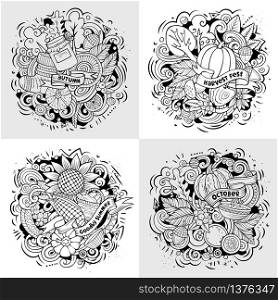Autumn cartoon vector doodle illustration. Line art detailed designs with lot of separate objects and symbols. 4 composition set. Autumn cartoon vector doodle illustration