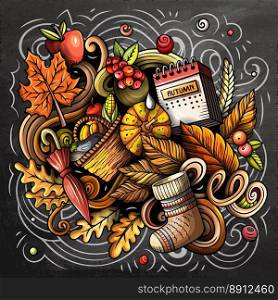 Autumn cartoon vector doodles illustration. Fall poster design. Season elements and objects background. Chalkboard funny picture. Autumn cartoon vector doodles illustration
