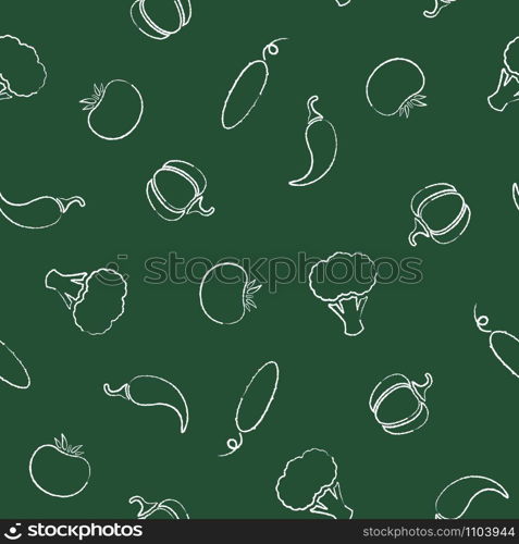 Autumn chalk silhouette fresh vegetable seamless pattern. Modern texture background design with chalk contour vegetables on green chalkboard. Seamless vector illustration for restaurant menu pattern. Chalk silhouette fresh vegetable seamless pattern