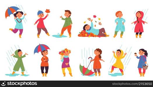 Autumn children walking. Cute kids, funny kid play with yellow leaves. Girl wear raincoat, fall season clothes. Boy with umbrella, decent vector characters. Illustration funny child playing under rain. Autumn children walking. Cute kids, funny kid play with yellow leaves. Girl wear raincoat, fall season clothes. Boy with umbrella, decent vector characters