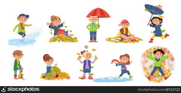 Autumn children walking. Kids play leaves and stand with umbrella. Colorful cartoon little characters gathering leaf, jump in puddle and run under rain vector set. Illustration of children autumn park. Autumn children walking. Kids play leaves and stand with umbrella. Colorful cartoon little characters gathering leaf, jump in puddle and run under rain decent vector set