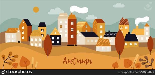 Autumn city landscape. Fall season panorama with simple cute houses and, trees and plants with yellow leaves. Minimal town vector background. Illustration plant, scene autumn season, outdoor fall tree. Autumn city landscape. Fall season panorama with simple cute houses and, trees and plants with yellow leaves. Minimal town vector background