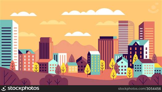 Autumn city landscape. Simple cityscape with buildings panorama. Cute houses, hills and trees with yellow leaves. Vector horizontal geometric outdoor background. Autumn city landscape. Simple cityscape with buildings panorama. Cute houses, hills and trees with yellow leaves. Vector background