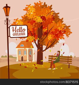 Autumn city park alley road, footpath. Lantern witn banner Hello Autumn, Rural fall view fields, hills, cloud vector illustration cartoon style. Autumn city park alley road, footpath. Lantern witn banner Hello Autumn, Rural fall view