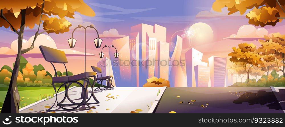 Autumn city park landing page. Fall public park with orange leaves trees, wooden benches, lanterns and footpath, skyscrapers on horizon. Cityscape web banner background. Cartoon vector illustration