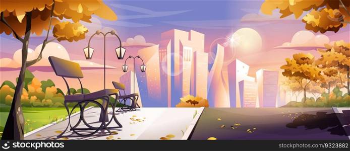 Autumn city park landing page. Fall public park with orange leaves trees, wooden benches, lanterns and footpath, skyscrapers on horizon. Cityscape web banner background. Cartoon vector illustration