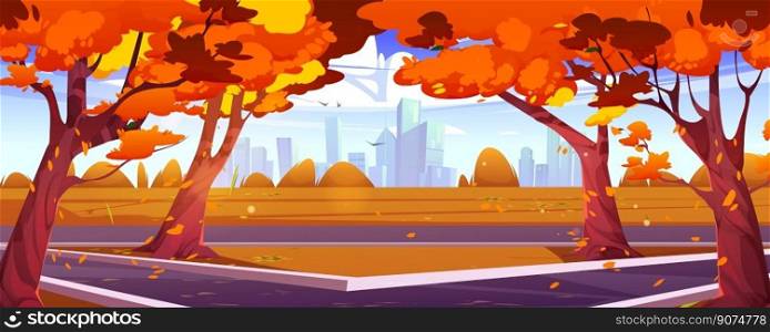 Autumn city park landscape background. Cartoon vector skyline scene with road. Ctyscape urban illustration with orange trees, walking paths in fall. Modern architecture perspective view, flying birds. Autumn city landscape, Nobody in town park scene