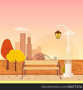 Autumn City Park Panorama Vector Illustration. Panorama on autumn city park. Bench is standing under streetlight in front of golden yellow trees. Background of vector illustration is misty cityscape