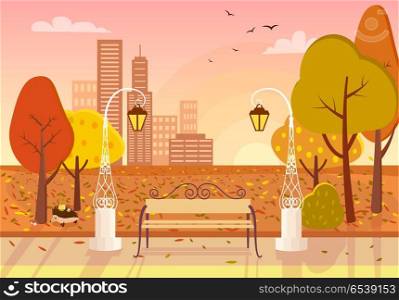 Autumn City Park Vector Illustration. Autumn city park at sunset. Wooden bench, vintage street lights, colorful trees, defoliation, city buildings, setting sun, hedgehog flat vectors. Autumn idyll. Peaceful place for evening strolling
