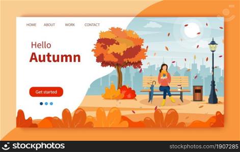 autumn city park with bench. Woman using phone sitting on the bench in paprk. Freelance or studying concept. online education. Website Landing Page template. Vector illustration in flat style. Woman with phone sitting in park