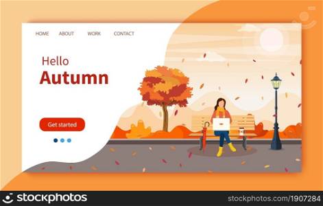 autumn city park with bench. Woman with laptop sitting on bench in autumn. Freelance, remote work concept. Website Landing Page template. Vector illustration in flat style.. beautiful autumn city park