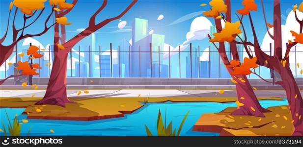 Autumn city park with pond and path near fence nature background scene. Public garden in town forest with river, skyscraper view and walkway to downtown. Orange fall season cartoon environment. Autumn city park with pond and path near fence
