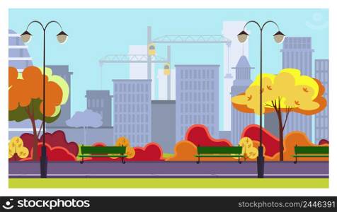 Autumn city park with trees, bushes, benches, lanterns and skyscrapers in background. Cityscape, recreation area. Flat style vector illustration. For brochures, wallpapers, posters or banners.