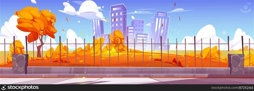 Autumn city skyline, urban background with skyscrapers, orange trees and tiled pathway along metal fence. Fall cityscape, downtown district with residential buildings, Cartoon vector illustration. Autumn city skyline, urban background, skyscrapers