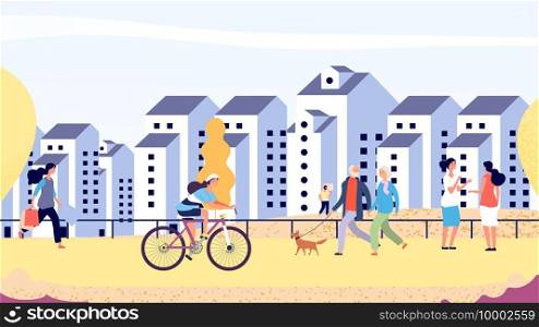 Autumn city street. Happy people in new district vector illustration. Autumn walk, flat men women couples. Autumn city with people ride and walk. Autumn city street. Happy people in new district vector illustration. Autumn walk, flat men women couples