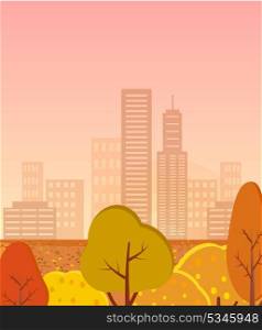 Autumn City with Golden Trees Vector Illustration. Autumn city on the background of golden yellow trees. Silhouettes of town on vector illustration are recognizable by buildings and skyscrapers