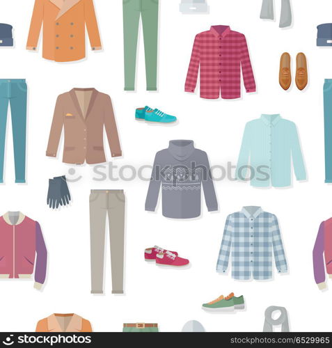 Autumn clothing vector seamless pattern. Jacket, sweater, coat, shoes, sneakers, pants, shirt, scarf vector illustrations on white background. For goods wrapping paper, stores ad, prints web design. Clothing Seamless Pattern Vector Illustration. Clothing Seamless Pattern Vector Illustration