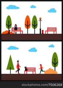 Autumn cloudy spending time near red bench in park. Trees and lanterns with urn. Walking people and sitting black cat and busy woman vector illustration. Autumn Spending Time in Park near Bench Vector