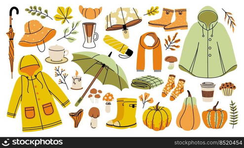 Autumn collection. Cartoon fall vibe icons, cozy clothing umbrella raincoat leaves and warm food elements for fall season. Vector hello autumn set of autumn fall mood illustration. Autumn collection. Cartoon fall vibe icons, cozy clothing umbrella raincoat leaves and warm food elements for fall season. Vector hello autumn set