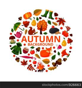 Autumn collection circle. Fall branch animals and orange yellow leaves symbols of autumn vector round shape floral decoration designs. Autumn season, hedgehog and fox, bonfire and acorn illustration. Autumn collection circle. Fall branch animals and orange yellow leaves symbols of autumn vector round shape floral decoration designs