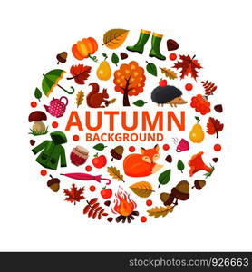 Autumn collection circle. Fall branch animals and orange yellow leaves symbols of autumn vector round shape floral decoration designs. Autumn season, hedgehog and fox, bonfire and acorn illustration. Autumn collection circle. Fall branch animals and orange yellow leaves symbols of autumn vector round shape floral decoration designs