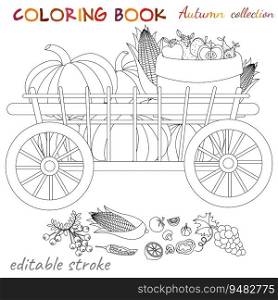 Autumn collection. Pumpkins on a trolley and fruits in sacks. Autumn still life. Relaxation coloring template. Editable vector illustration.