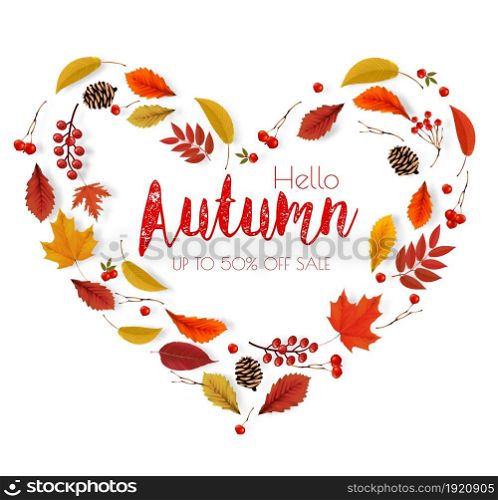 Autumn colorful forest leaves, berries, cones, acorns, viburnumin the shape of a heart Sale Frame. Vector.