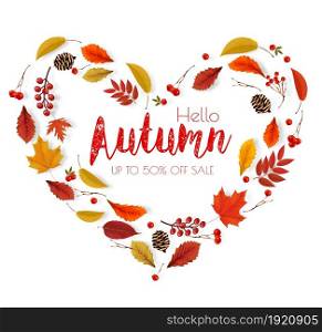 Autumn colorful forest leaves, berries, cones, acorns, viburnumin the shape of a heart Sale Frame. Vector.