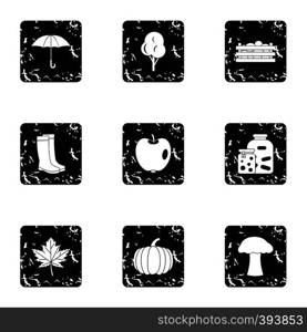 Autumn coming icons set. Grunge illustration of 9 autumn coming vector icons for web. Autumn coming icons set, grunge style