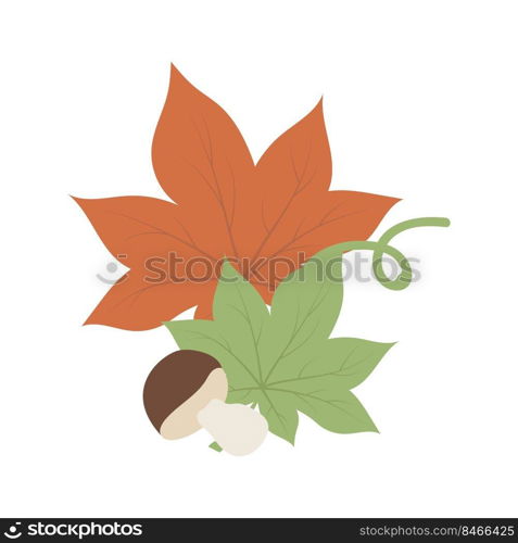Autumn composition with leaves and mushroom semi flat color vector object. Full sized item on white. Nature and harvest simple cartoon style illustration for web graphic design and animation. Autumn composition with leaves and mushroom semi flat color vector object