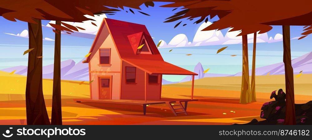 Autumn countryside landscape with rural house in mountain valley. Small wooden farmhouse, chalet with porch and garden with trees with orange leaves, vector cartoon illustration. Autumn countryside landscape with rural house