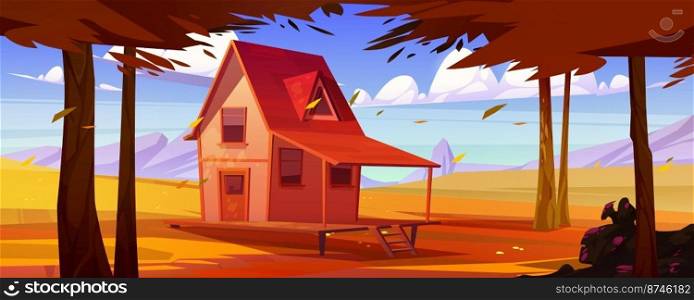 Autumn countryside landscape with rural house in mountain valley. Small wooden farmhouse, chalet with porch and garden with trees with orange leaves, vector cartoon illustration. Autumn countryside landscape with rural house