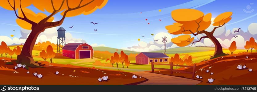 Autumn countryside with farm barn, windmill, water tower and agriculture fields at fall. Vector cartoon illustration of rural landscape of farmland with wooden shed, road and orange trees. Autumn countryside with farm barn windmill at fall