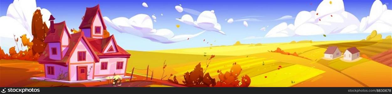 Autumn countryside with house, farm buildings, yellow field under blue sunny sky. Vector cartoon illustration of rural landscape in fall, farmland under crops, golden foliage from trees flying in air. Autumn countryside house, farm buildings, field