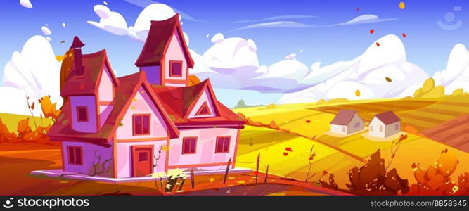 Autumn countryside with house, farm buildings, yellow field under blue sunny sky. Vector cartoon illustration of rural landscape in fall, farmland under crops, golden foliage from trees flying in air. Autumn countryside house, farm buildings, field