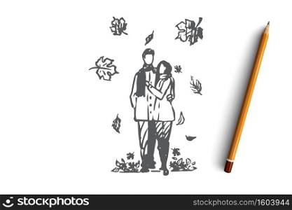 Autumn, couple, love, fall, romantic concept. Hand drawn couple in love walking under leaf fall concept sketch. Isolated vector illustration.. Autumn, couple, love, fall, romantic concept. Hand drawn isolated vector.