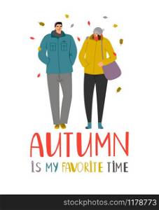 Autumn couple. Young people in falling leaves vector illustration, love family couple in autumn park isolated on white background. Autumn couple. Young people in falling leaves vector illustration, love family couple in autumn park isolated on white
