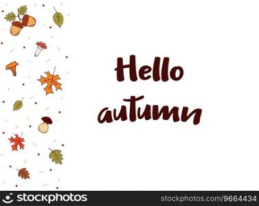 Autumn cozy banner with mushrooms, leaves, acorns on white background with the inscription hello autumn. vector illustration.
