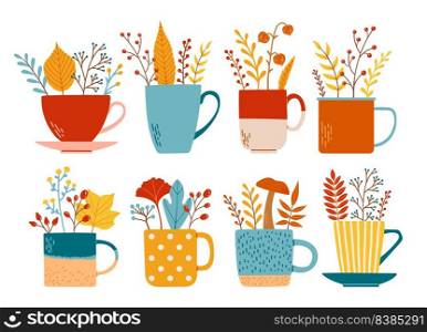 Autumn cup set with branches leaves flat design vector illustration