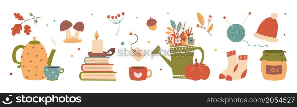 Autumn cute cozy design elements decorative bundle. Vector illustration. Autumn cute cozy design elements decorative bundle.