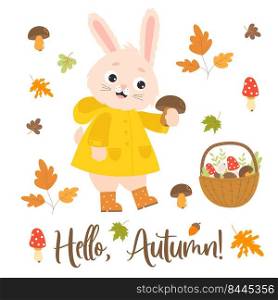 Autumn cute rabbit in raincoat and rubber boots picks mushrooms. Wicker basket with mushrooms and falling autumn leaves. Vector illustration. Isolated elements. Bunny character for fall design