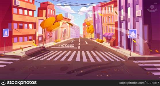 Autumn day city crossroad with wind cartoon background. Vector falling leaves on urban road near market and museum illustration. Modern building facade near vegetable store with awning on junction.. Autumn city crossroad with wind cityscape vector