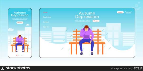 Autumn depression landing page flat color vector template. Melancholy homepage layout. Mobile display. Seasonal melancholy one page website interface, cartoon character. Wet weather banner, webpage
