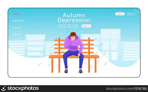 Autumn depression landing page flat color vector template. Seasonal melancholy homepage layout. Depressed guy in sweatshirt one page website interface with cartoon character. Wet weather web banner