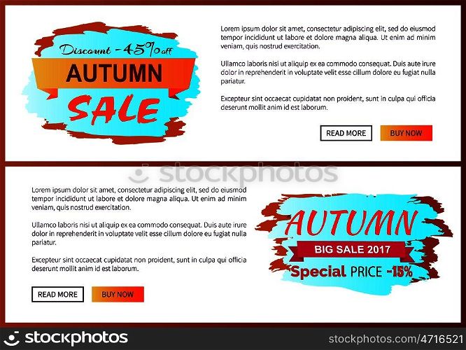 Autumn discount -45% clearance with icon of colorful sign brush strokes vector illustration with seasonal sale advertisement web posters set. Autumn Discount -45% clearance with Icon on Poster